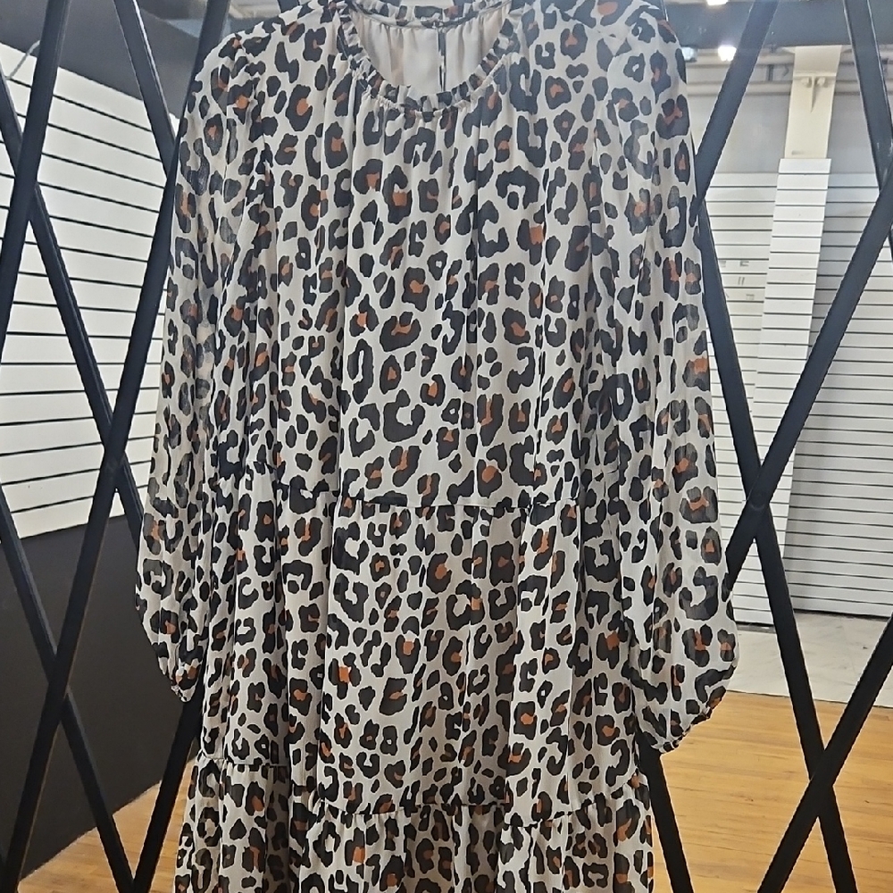 Leopard Print Tiered Long Sleeve Dress - Ivory, Black & Brown